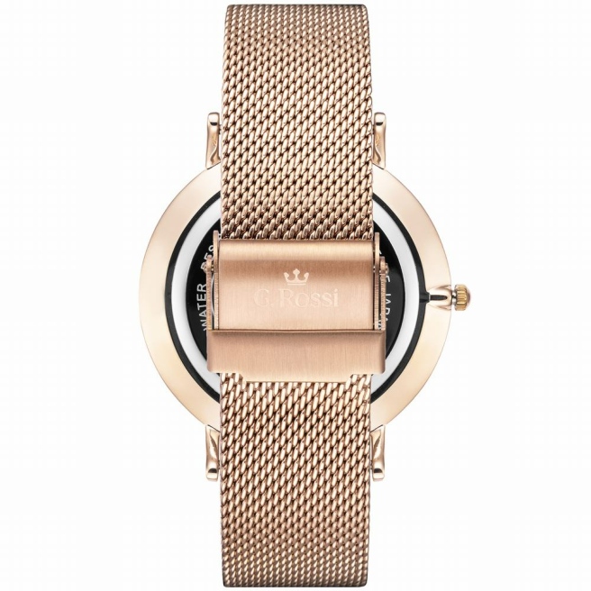 Zegarek damski G.Rossi na różowo-złotej bransolecie mesh. Różowo-złote wskazówki i indeksy na srebrnej tarczy bez cyfr. Koperta zegarka w rozmiarze 41 mm.
