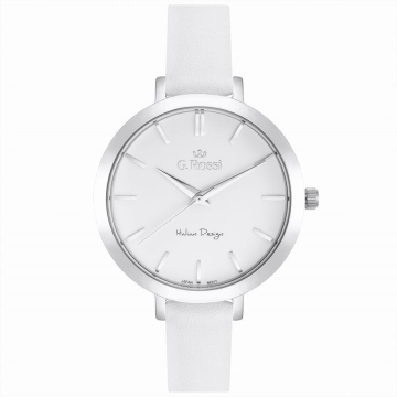 Analogowy zegarek damski marki G.Rossi na białym skórzanym pasku. Srebrne wskazówki i indeksy na białej, okrągłej tarczy bez cyfr. Srebrna koperta zegarka w rozmiarze 38 mm.