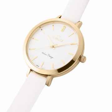 Analogowy zegarek damski marki G.Rossi na białym skórzanym pasku. Złote wskazówki i indeksy na białej, okrągłej tarczy bez cyfr. Koperta zegarka w rozmiarze 38 mm.