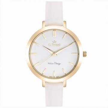 Analogowy zegarek damski marki G.Rossi na białym skórzanym pasku. Złote wskazówki i indeksy na białej, okrągłej tarczy bez cyfr. Koperta zegarka w rozmiarze 38 mm.