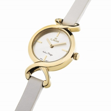 Zegarek damski marki G.Rossi na białym skórzanym pasku ze złotą sprzączką. Złote wskazówki i indeksy na małej, srebrnej tarczy bez cyfr. Złota koperta zegarka w rozmiarze 26 mm.