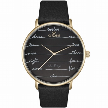 Zegarek damski marki G.Rossi na czarnym skórzanym pasku. Złote wskazówki na czarnej tarczy z charakterystycznymi cyframi pisanymi po angielsku. Złota koperta zegarka o średnicy 41 mm.