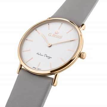 Zegarek damski G.Rossi na szarym skórzanym pasku. Różowo-złote wskazówki i indeksy na białej tarczy. Różowo-Złota koperta zegarka o średnicy 39 mm.