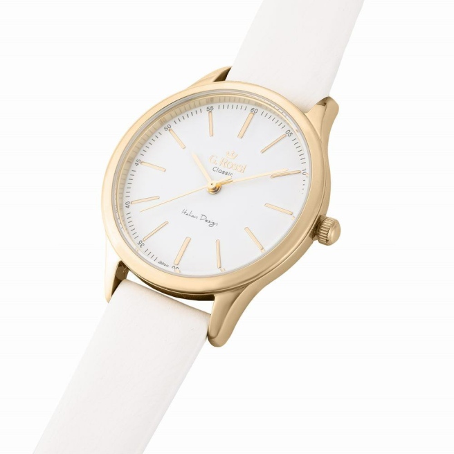 Zegarek damski marki G.Rossi na białym skórzanym pasku. Złote wskazówki i indeksy na białej tarczy z minutami. Złota koperta zegarka w rozmiarze 34 mm.