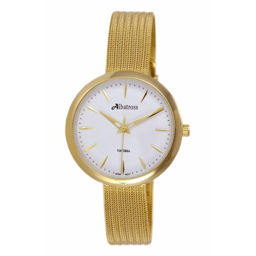 Zegarek damski Albatross na złotej bransolecie ze stali szlachetnej. Złote wskazówki i indeksy bez cyfr na białej tarczy. Złota koperta zegarka o średnicy 36 mm.