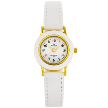 Zegarek prezentowy dla dziecka marki Perfect na Komunię Świętą. Zegarek na białym skórzanym pasku. Złote wskazówki, kolorowe indeksy na białej tarczy z cyframi arabskimi. Biało-złota koperta zegarka w rozmiarze 24 mm.