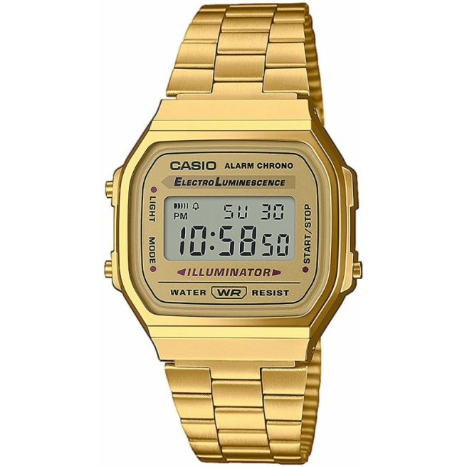 Klasyczny cyfrowy zegarek męski Casio z serii Vintage na złotej bransolecie. Zegarek sprzedawany jest razem z oryginalnym pudełkiem Casio Vintage.