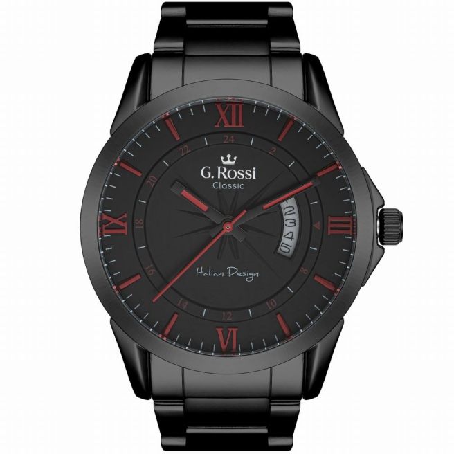 Zegarek męski G.Rossi na czarnej bransolecie. Czerwone indeksy i wskazówki na czarnej tarczy