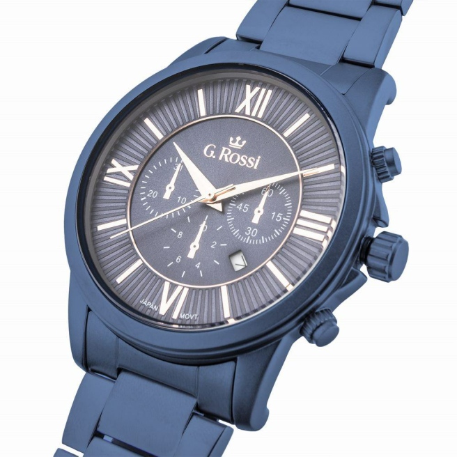 Zegarek męski G.Rossi na granatowej bransolecie. Granatowa tarcza z datownikiem. Średnica koperty zegarka wynosi 42 mm.