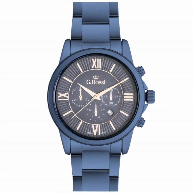Zegarek męski G.Rossi na granatowej bransolecie. Granatowa tarcza z datownikiem. Średnica koperty zegarka wynosi 42 mm.