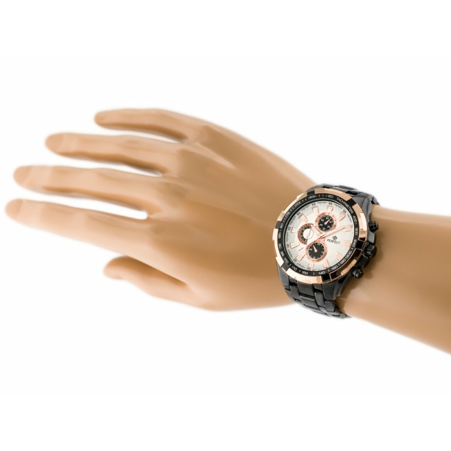Zegarek męski marki Perfect na czarnej bransolecie. Miedziane wskazówki fluorescencyjne i indeksy na białej tarczy. Miedziana/Różowo złota koperta zegarka w rozmiarze 46 mm.