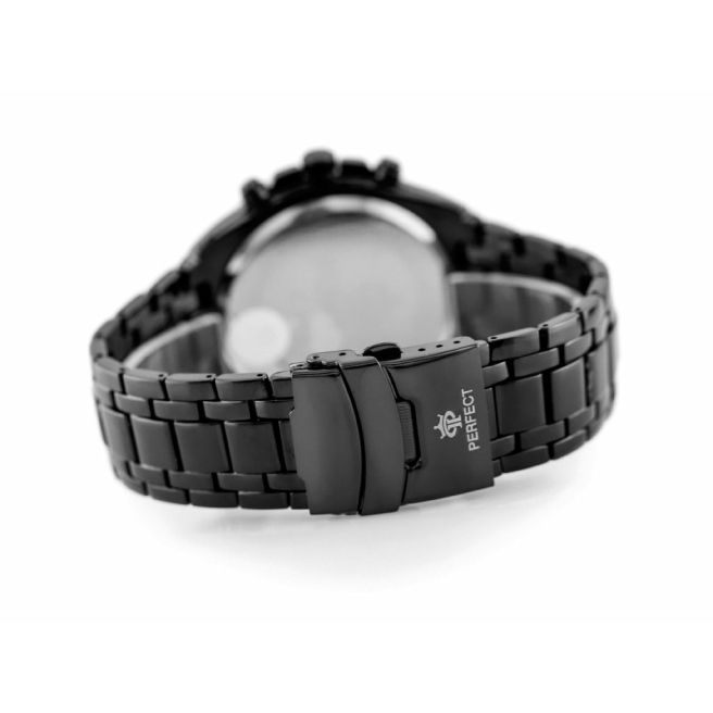 Zegarek męski marki Perfect na czarnej bransolecie. Miedziane wskazówki fluorescencyjne i indeksy na białej tarczy. Miedziana/Różowo złota koperta zegarka w rozmiarze 46 mm.