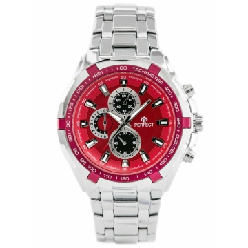 Zegarek męski marki Perfect na srebrnej bransolecie. Srebrne wskazówki fluorescencyjne i indeksy na czerwonej tarczy. Srebrno-czerwona koperta zegarka w rozmiarze 46 mm.