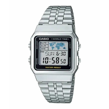 Zegarek unisex CASIO VINTAGE Srebrny A500WA-1DF na bransolecie srebrnej, czarna tarcza