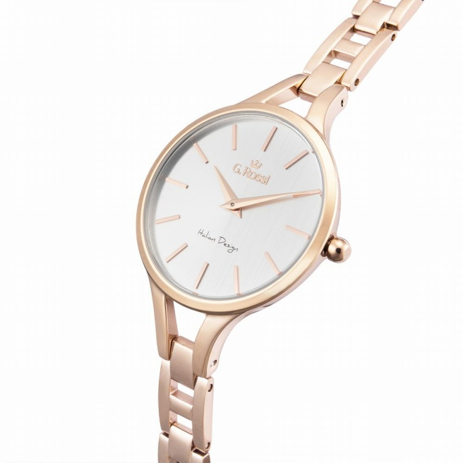 Zegarek damski G.Rossi na złoto-różowej bransolecie. Złoto-różowe wskazówki i indeksy na srebrnej tarczy bez cyfr. Koperta w rozmiarze 36 mm.