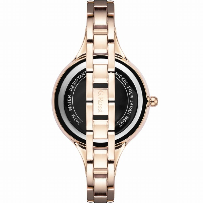 Zegarek damski G.Rossi na złoto-różowej bransolecie. Złoto-różowe wskazówki i indeksy na srebrnej tarczy bez cyfr. Koperta w rozmiarze 36 mm.