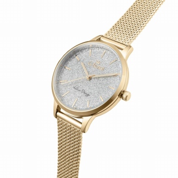 Zegarek damski G.Rossi na złotej bransolecie Mesh. Brokatowa tarcza w kolorze srebrnym. Koperta w rozmiarze 34 mm.