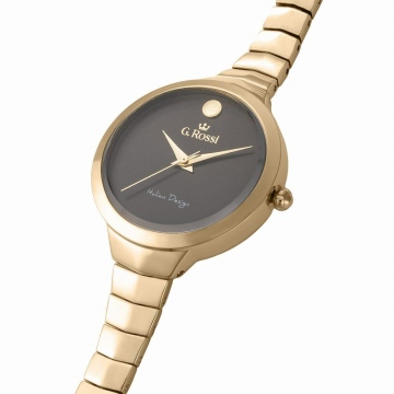 Zegarek damski G.Rossi na złotej bransolecie. Złote wskazówki na czarnej tarczy bez cyfr. Złota koperta w rozmiarze 34 mm.
