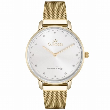 Zegarek damski G.Rossi na złotej bransolecie. Złote, fluorescencyjne wskazówki, cyrkonie, jako indeksy na srebrnej tarczy. Złota koperta zegarka w rozmiarze 38 mm.