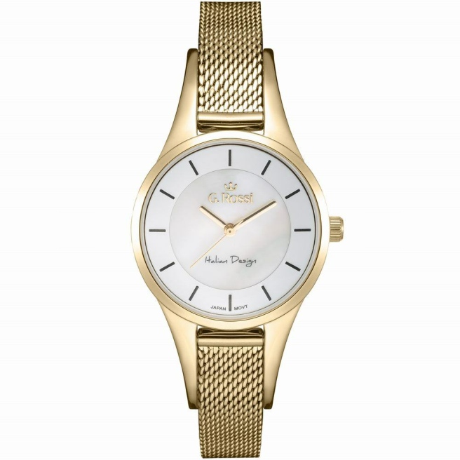 Zegarek damski G.Rossi na złotej bransolecie typu Mesh. Złote wskazówki i czarne indeksy na białej tarczy bez cyfr. Koperta zegarka w rozmiarze 30 mm.