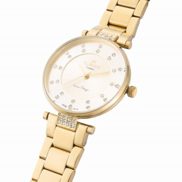 Zegarek damski G.Rossi na złotej bransolecie. Złota koperta i tarcza ozdobione cyrkoniami. Koperta w rozmiarze 32 mm.