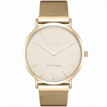Zegarek damski G.Rossi na złotej bransolecie mesh. Złote wskazówki i indeksy na złotej tarczy bez cyfr. Złota koperta zegarka w rozmiarze 40 mm.