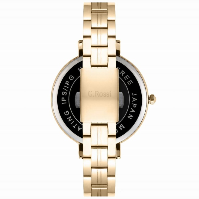 Zegarek damski G.Rossi na złotej bransolecie ze stali szlachetnej. Złote wskazówki i indeksy na białej tarczy bez cyfr. Koperta zegarka w rozmiarze 38 mm.