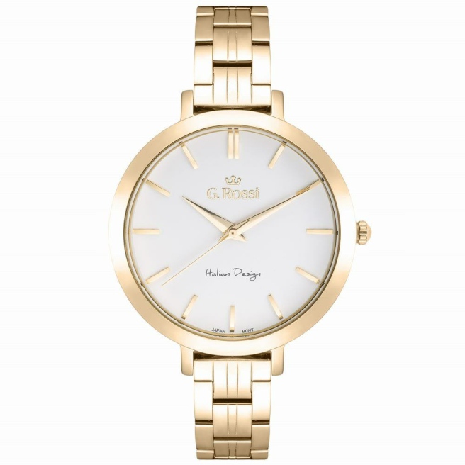 Zegarek damski G.Rossi na złotej bransolecie ze stali szlachetnej. Złote wskazówki i indeksy na białej tarczy bez cyfr. Koperta zegarka w rozmiarze 38 mm.
