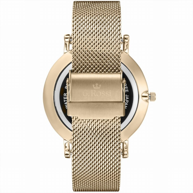 Złoty zegarek damski G.Rossi na bransolecie mesh. Złote wskazówki i indeksy na wzorzystej tarczy. Cyfry rzymskie. Koperta zegarka w rozmiarze 40 mm.
