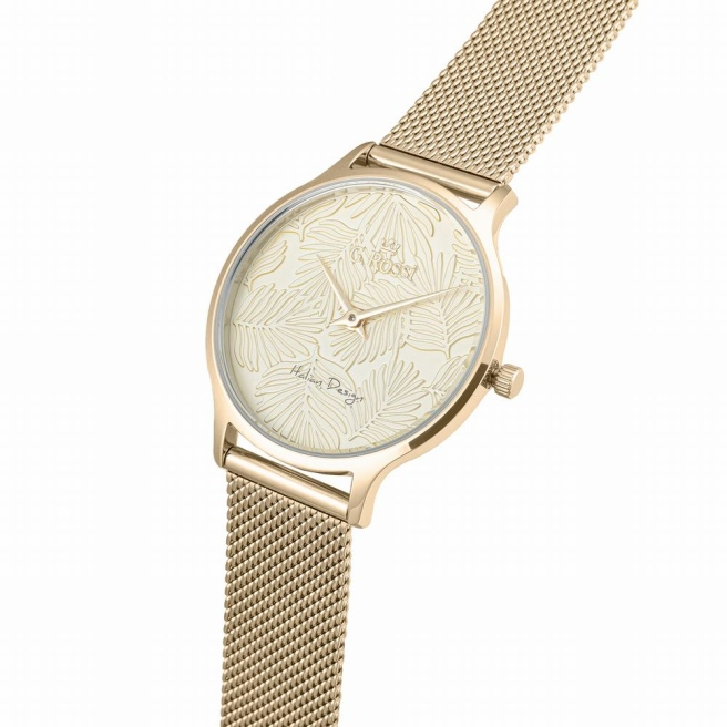 Zegarek damski G.Rossi na złotej bransolecie. Złote wskazówki na złotej wzorzystej tarczy bez cyfr. Złota koperta w rozmiarze 34 mm.