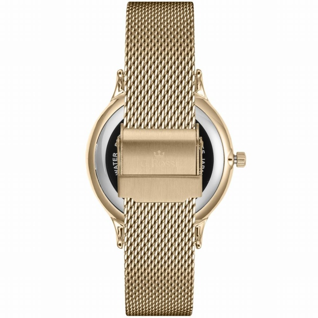 Zegarek damski G.Rossi na złotej bransolecie. Złote wskazówki na złotej wzorzystej tarczy bez cyfr. Złota koperta w rozmiarze 34 mm.