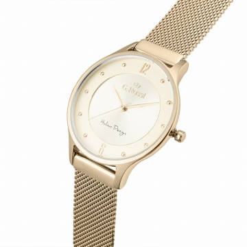 Zegarek damski G.Rossi na złotej bransolecie typu Mesh. Złote wskazówki i indeksy (cyfry arabskie) na złotej tarczy. Koperta zegarka o średnicy 36 mm.