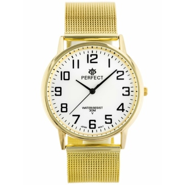 Zegarek męski marki Perfect na złotej bransolecie. Czarne wskazówki i indeksy na srebrnej tarczy z cyframi arabskimi. Złota koperta zegarka w rozmiarze 41 mm.